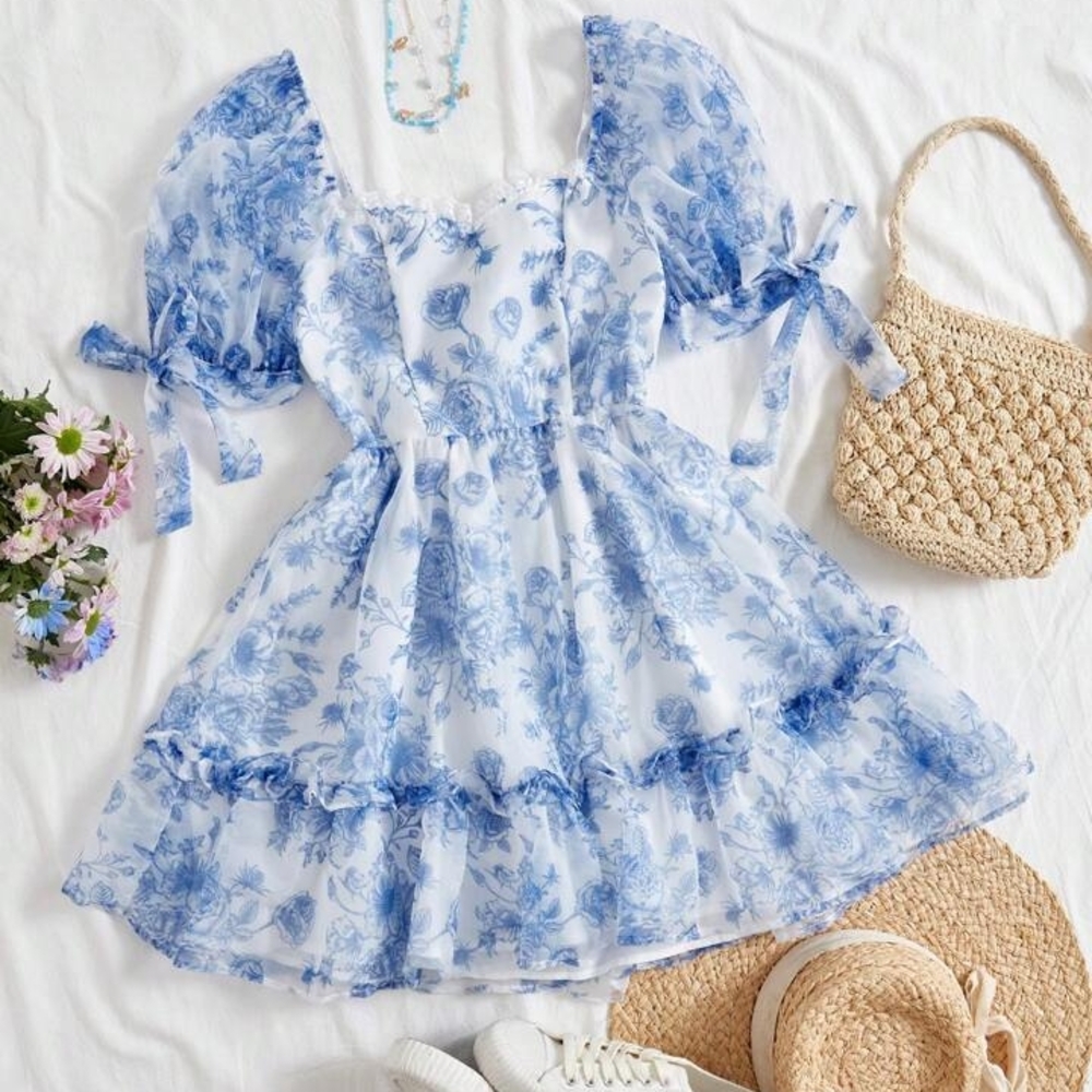 Floral Blue and White Dress